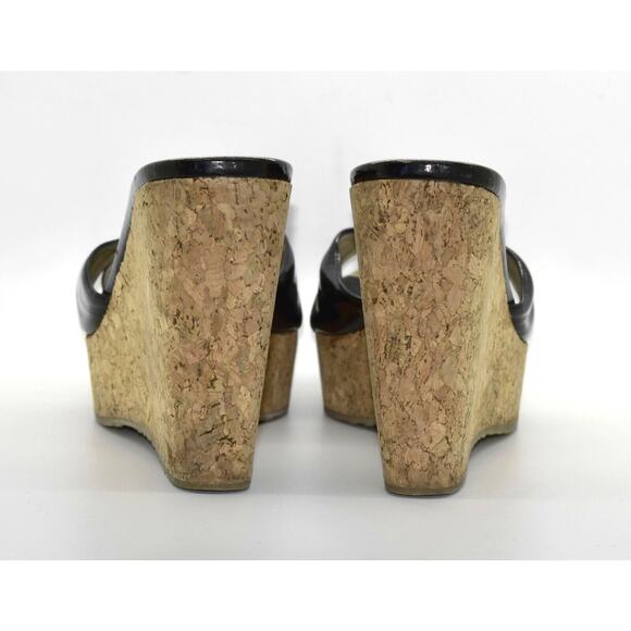 C0 Auth JIMMY CHOO Black Patent Leather Cork Wedge Sandals Shoes Size 40.5 - Picture 5 of 6